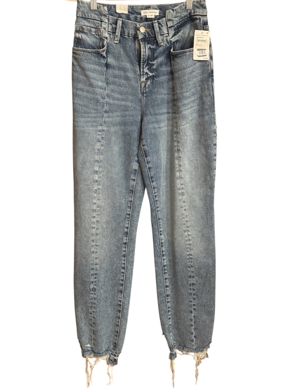 Good American Good Boy Straight High-Rise Jeans with Frayed Hem, size 26/2